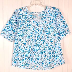 Draper‎ James Women's XL Blue White Floral V Neck Puff Sleeve Top Chic Dainty